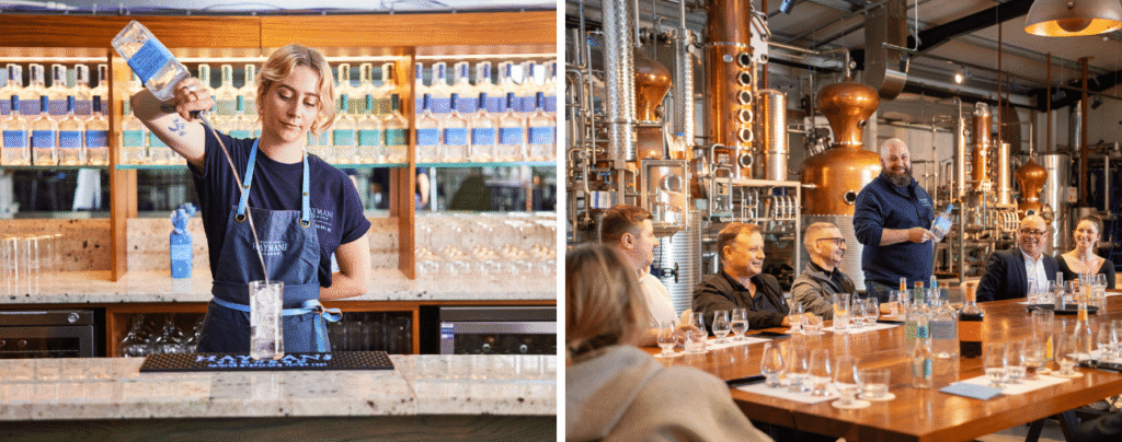 Hayman's Distillery Tour, group sitting at table, pouring Hayamn's Original London Dry Gin